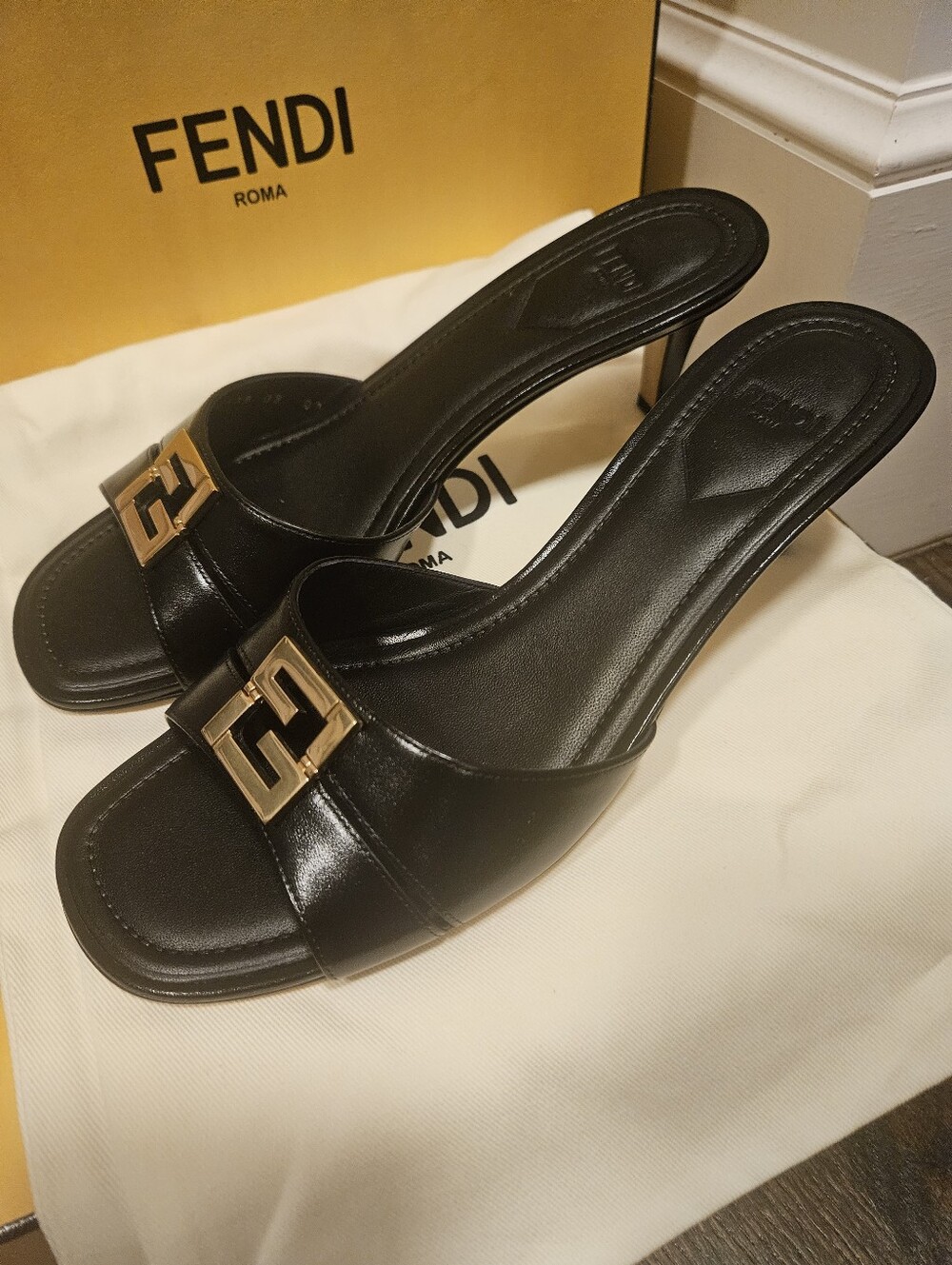 Fendi Fold Slide Black Leather Gold FF Logo Mule Kitten Heel Pump Sandals 39
